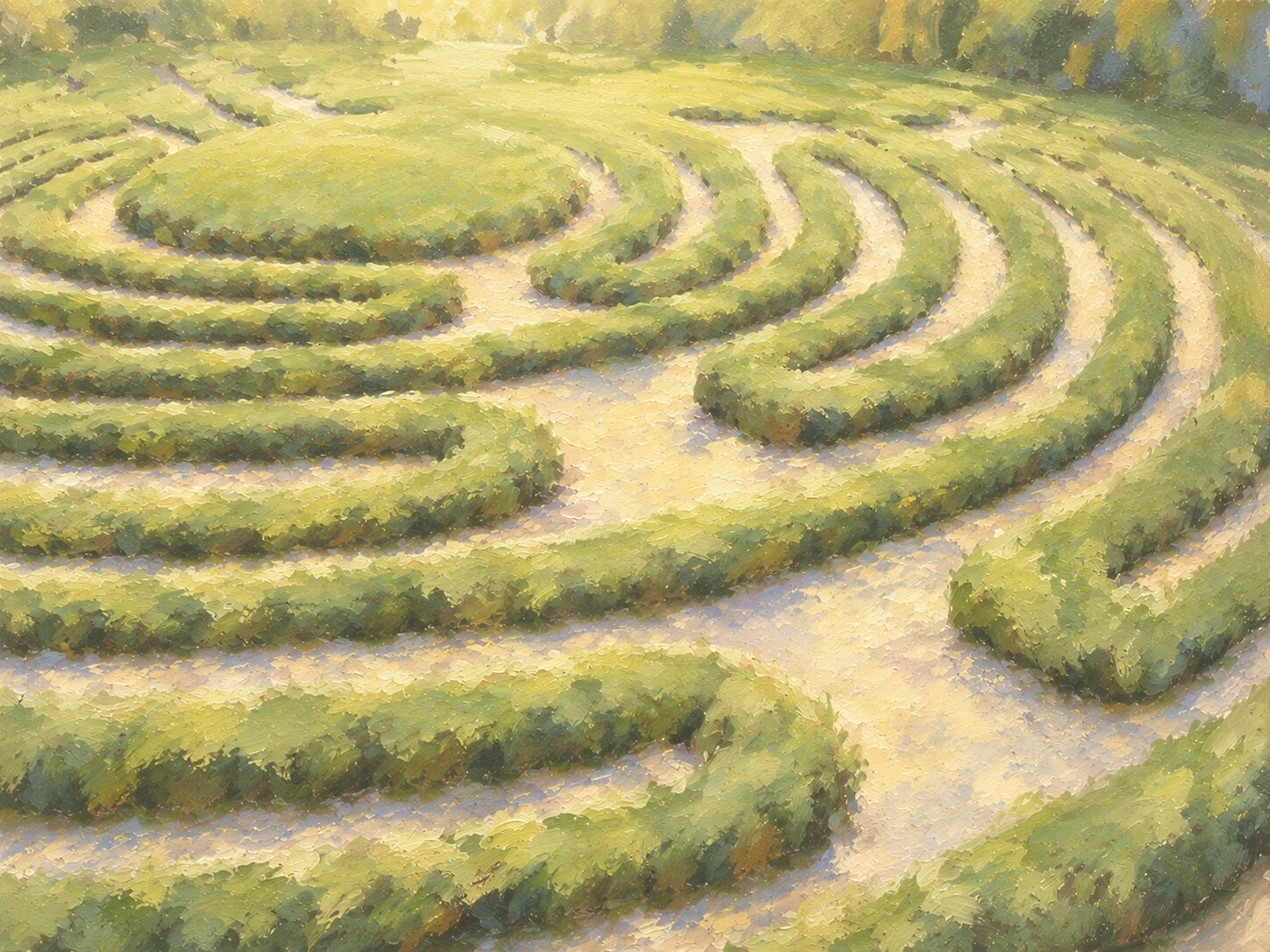 A painterly green garden labyrinth